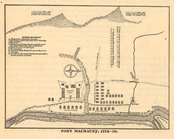 The defeat of Washington's forces at Fort Necessity allowed the French to continue fortifying the area. This plan shows the design of the French outpost of Fort Machault. 
